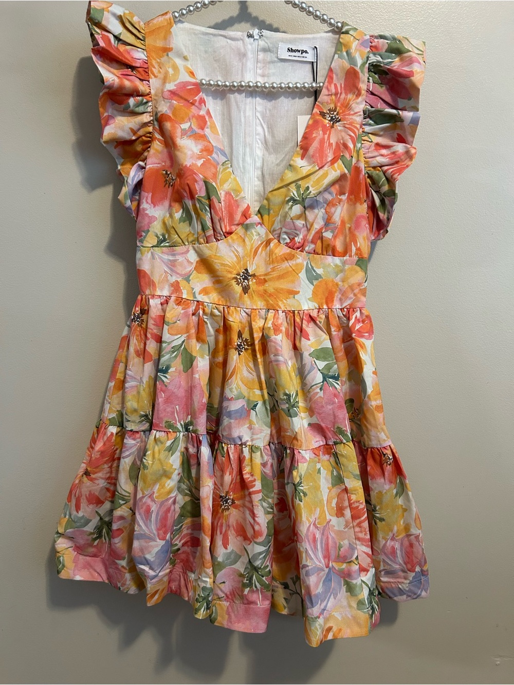 NEW Showpo Jeanise Mini Dress US 2 Summer Floral Flutter Sleeve Tiered Ruffle